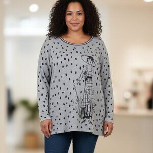 CLAIRE FRANCE Grey Long Sleeve Polka Dot Graphic Lady Tunic Sweater Plus Size 1X